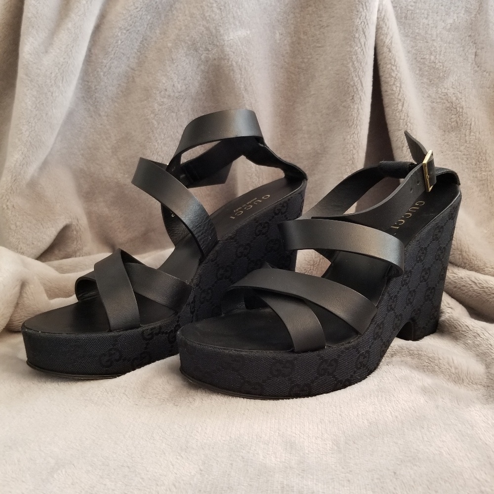 Gucci Black Strappy Platform Wedge Sandals